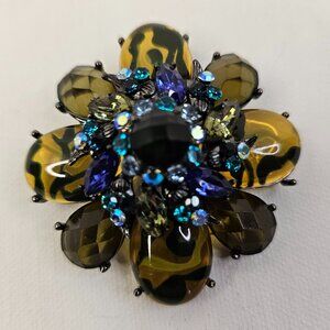 Silver Black Tone Metal Yellow Acrylic Brooch Open Back Blue Clear Rhinestone